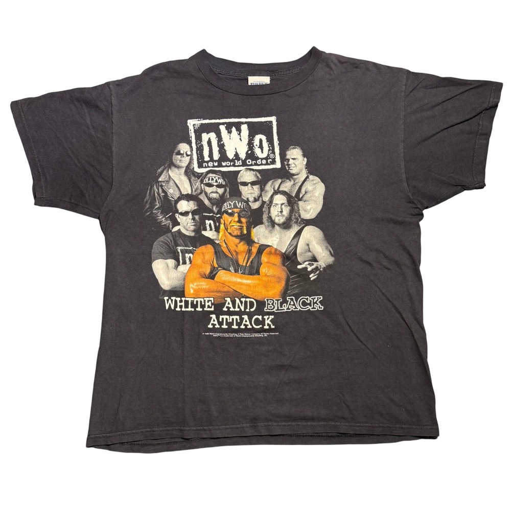 Vintage 1998 nWo WCW White and Black Attack Wrestling T-Shirt Tultex Large Black